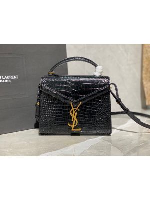 SaintLaurent_cassandra mini top handle bag in crocodile-embossed shiny leather