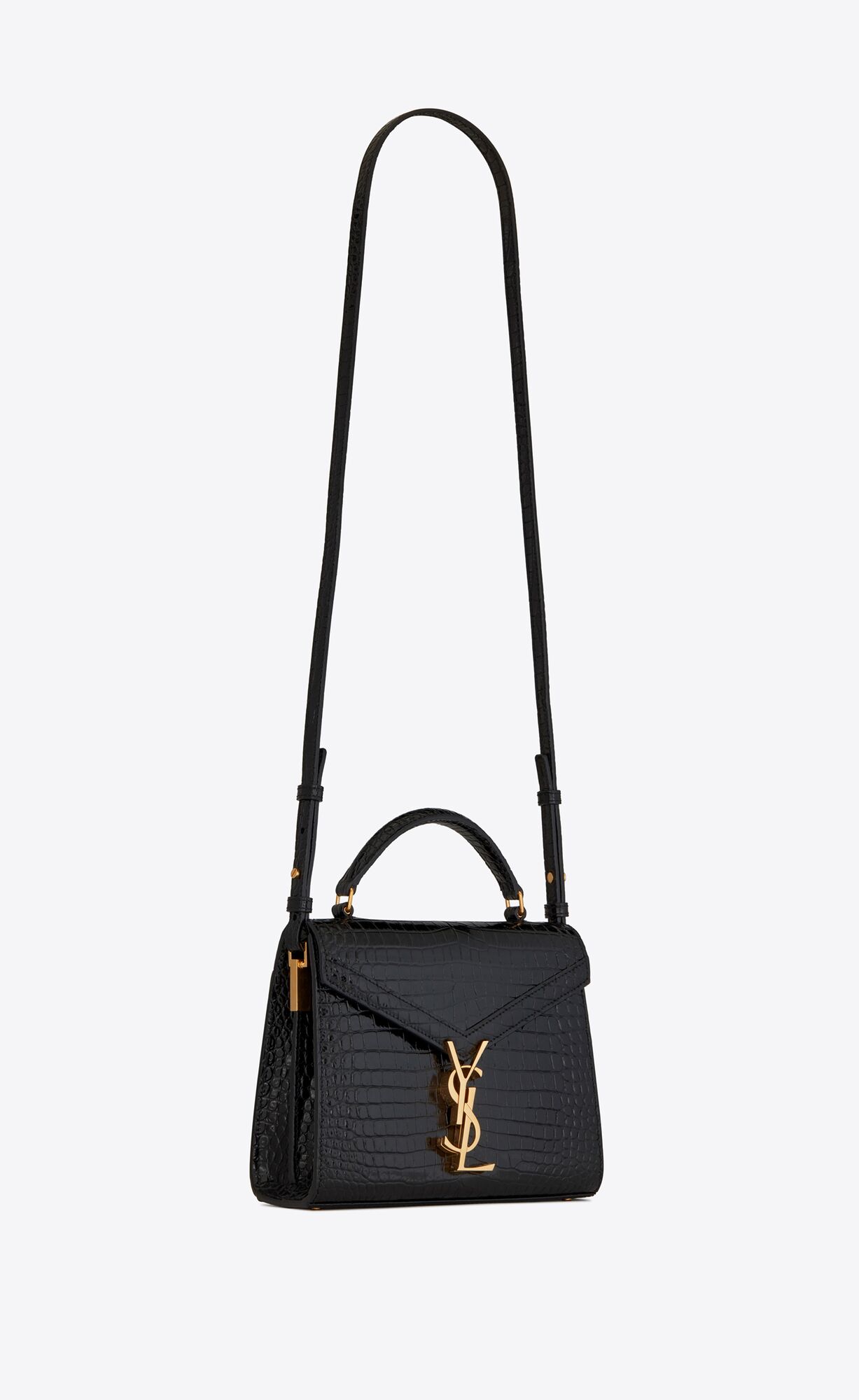 SaintLaurent_cassandra mini top handle bag in crocodile-embossed shiny leather