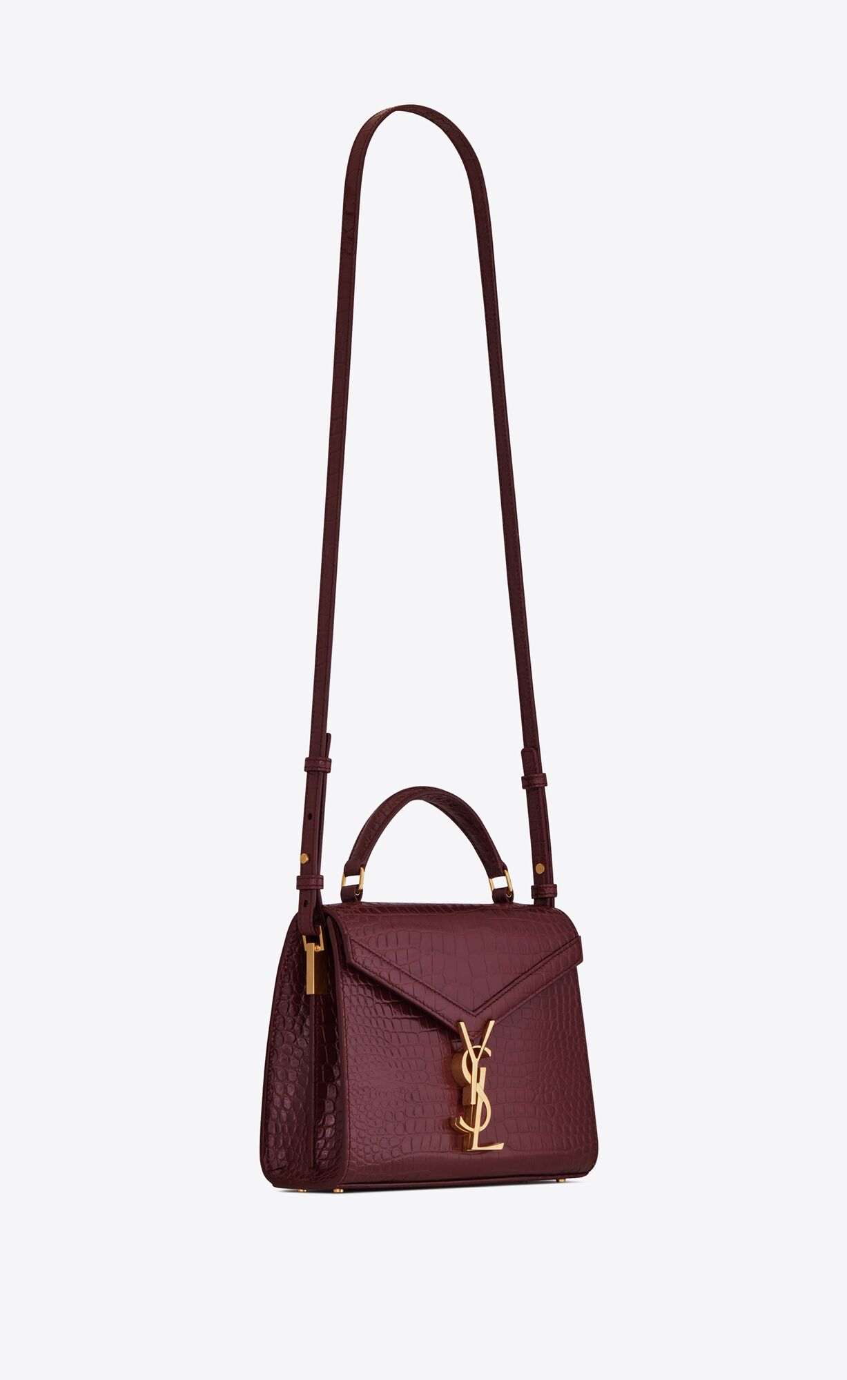 SaintLaurent_cassandra mini top handle bag in crocodile-embossed shiny leather