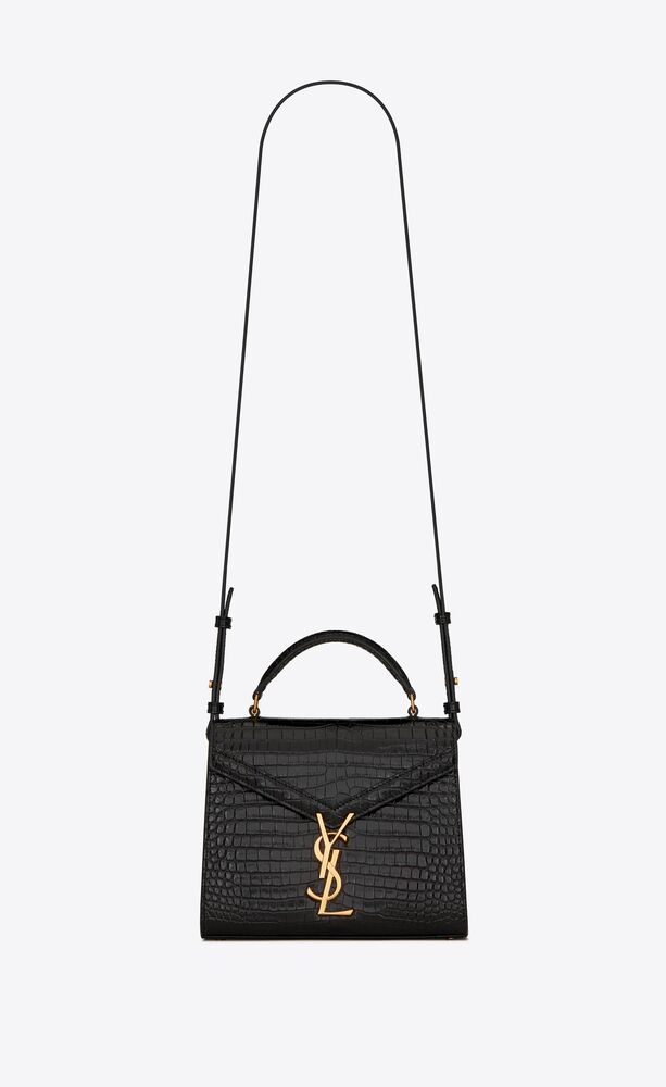 SaintLaurent_cassandra mini top handle bag in crocodile-embossed shiny leather