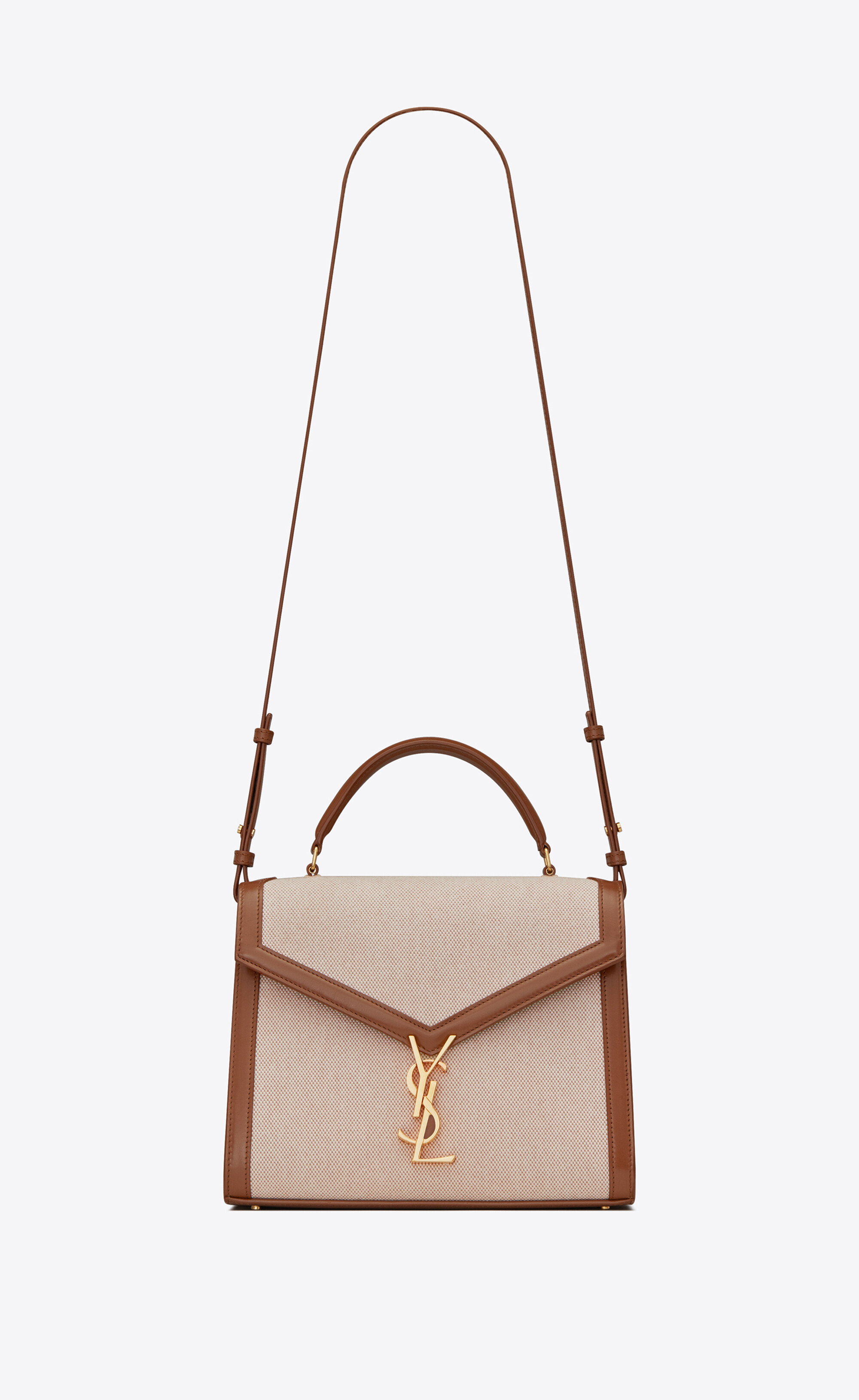 SaintLaurent_cassandra medium top handle bag in canvas and smooth leather