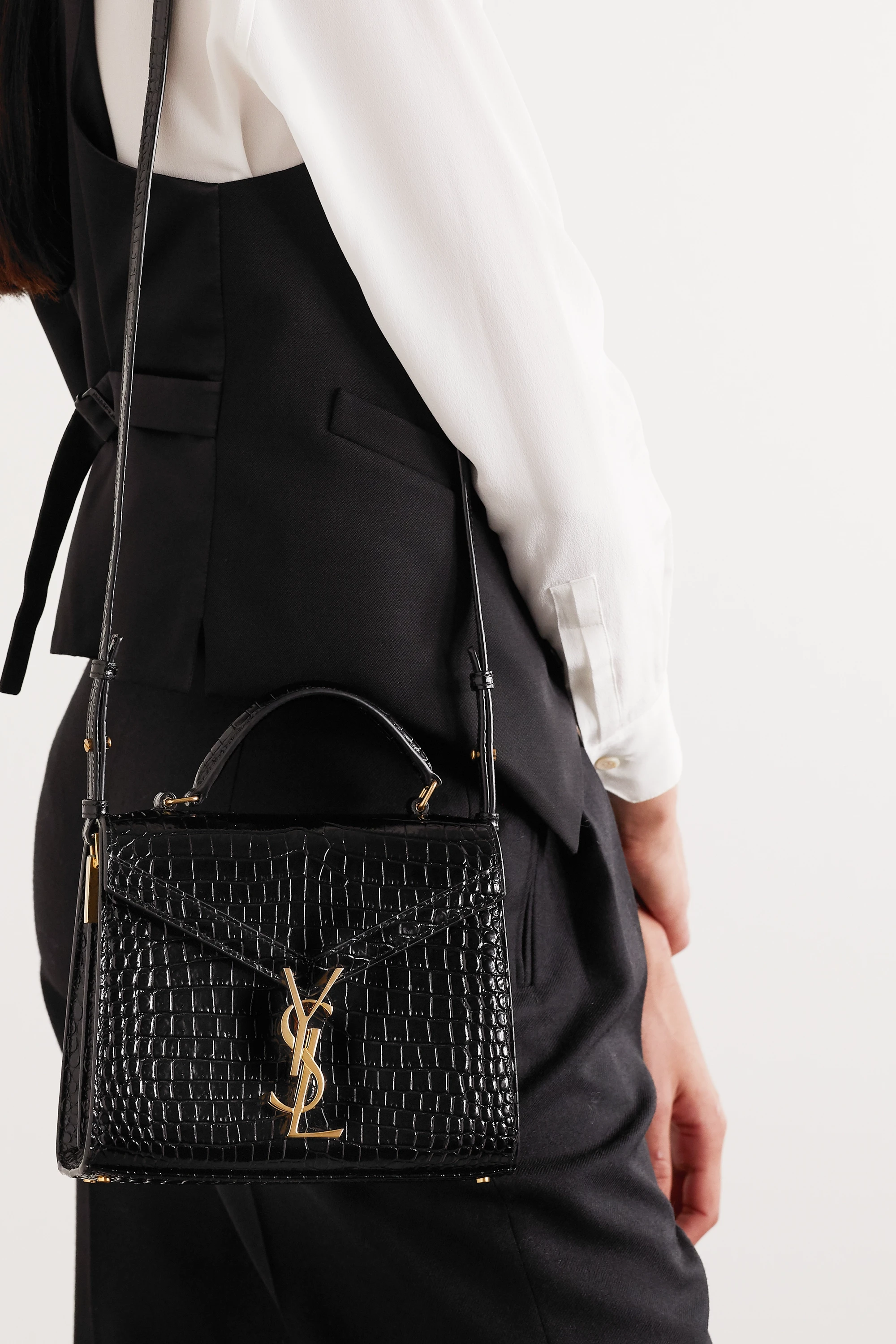 SaintLaurent_cassandra mini top handle bag in crocodile-embossed shiny leather thumbnail