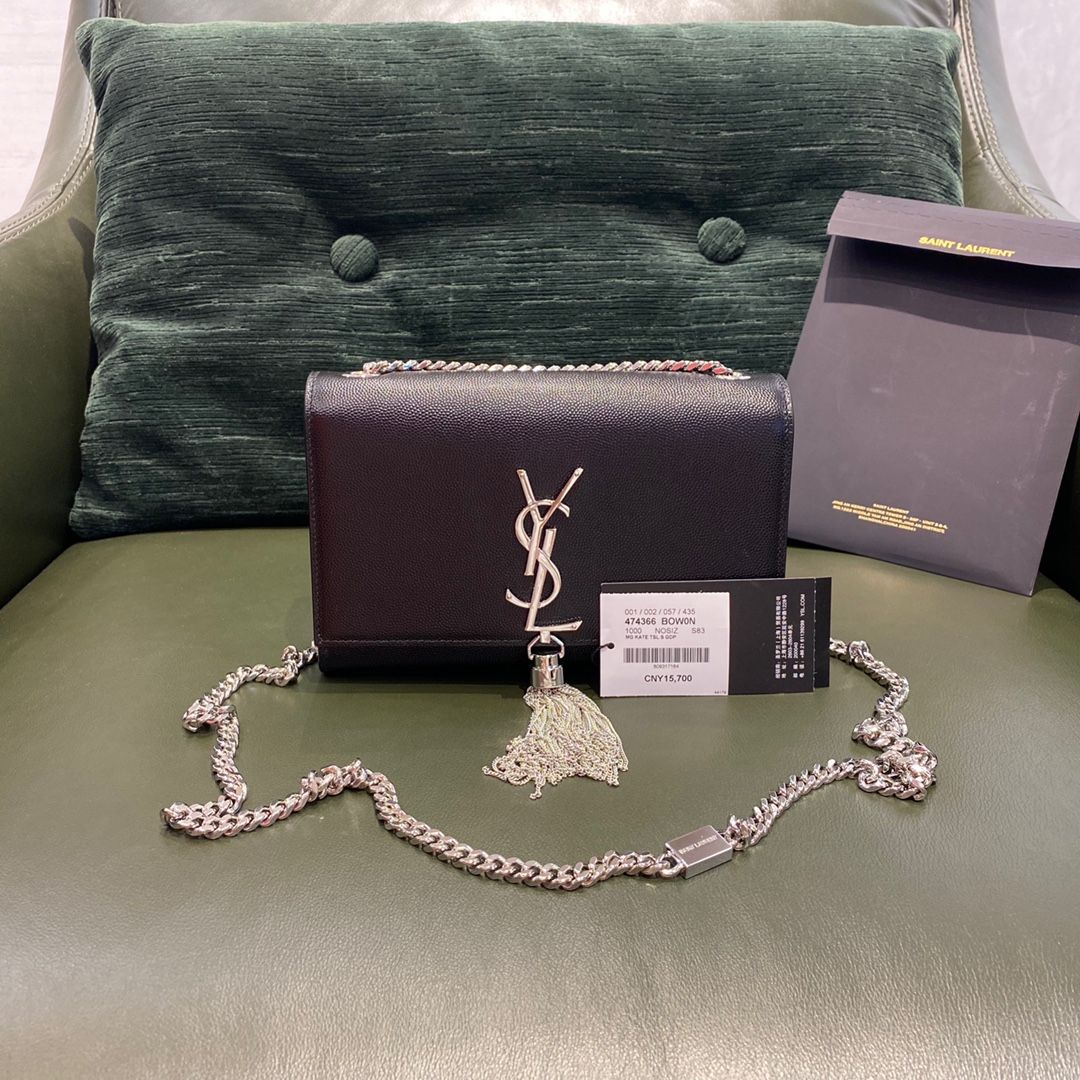 SaintLaurent_kate chain and tassel bag in black textured leather