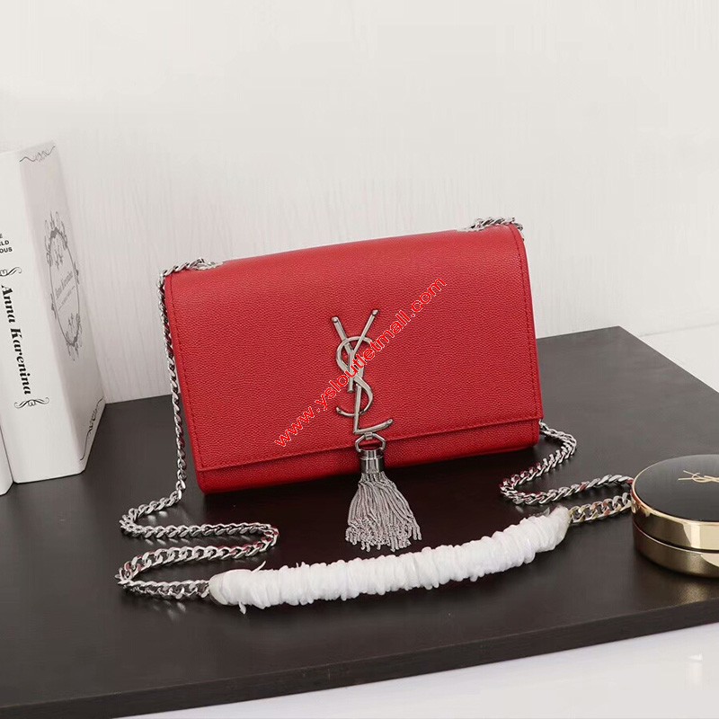 SaintLaurent_kate chain and tassel bag in red textured leather