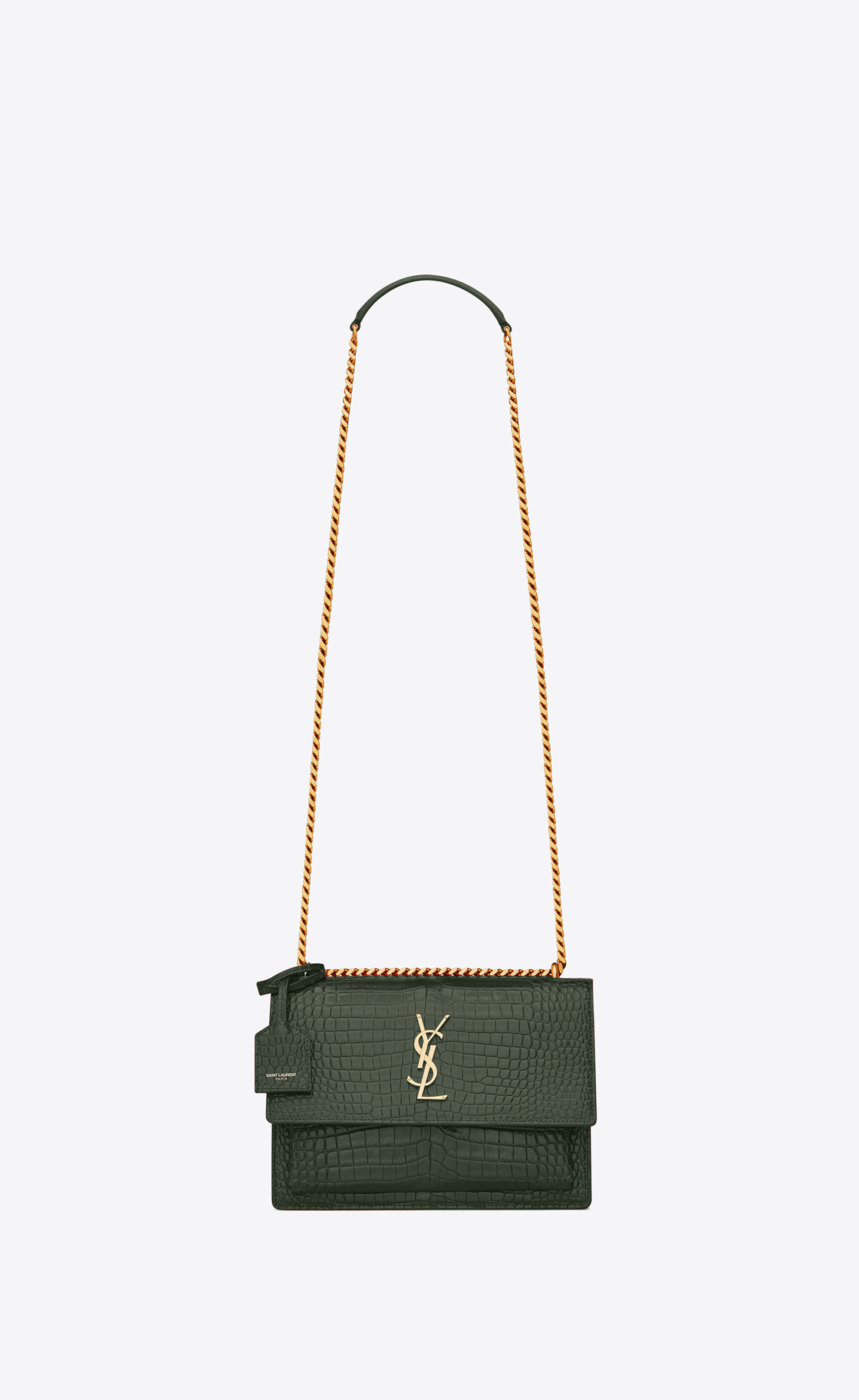 SaintLaurent_sunset medium in crocodile-embossed shiny leather