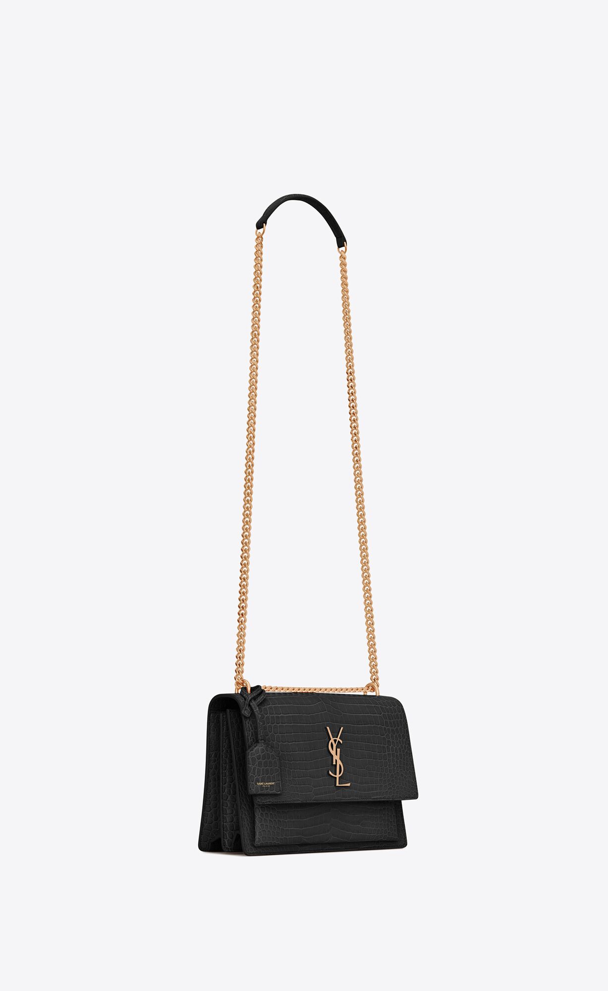 SaintLaurent_sunset medium in crocodile-embossed shiny leather