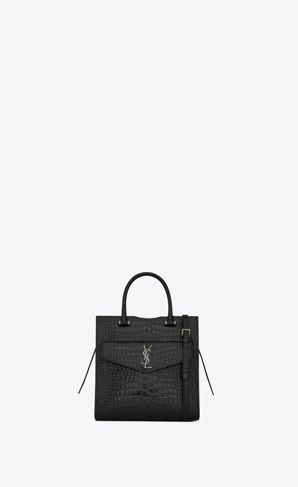 SaintLaurent_uptown small tote in shiny crocodile-embossed leather