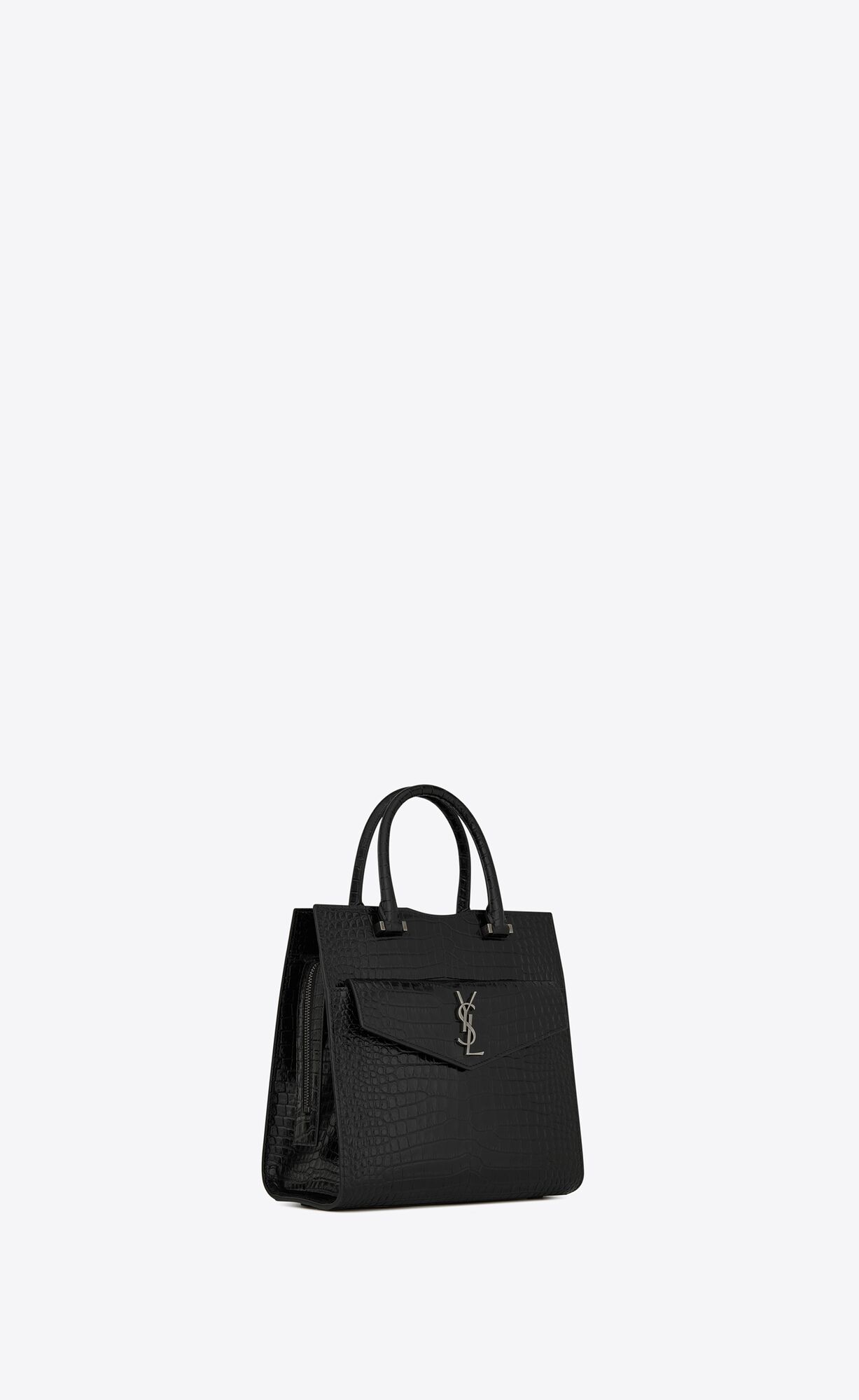 SaintLaurent_uptown small tote in shiny crocodile-embossed leather