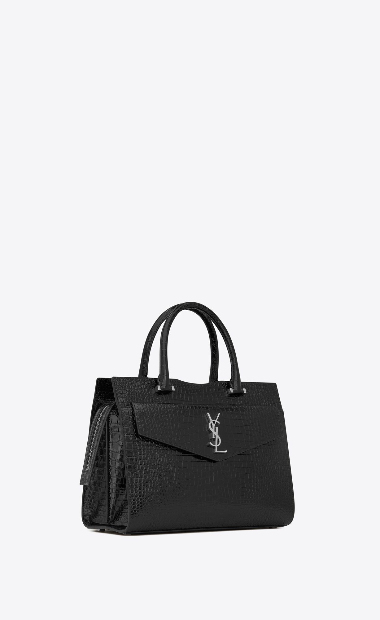 SaintLaurent_uptown small tote in shiny crocodile-embossed leather