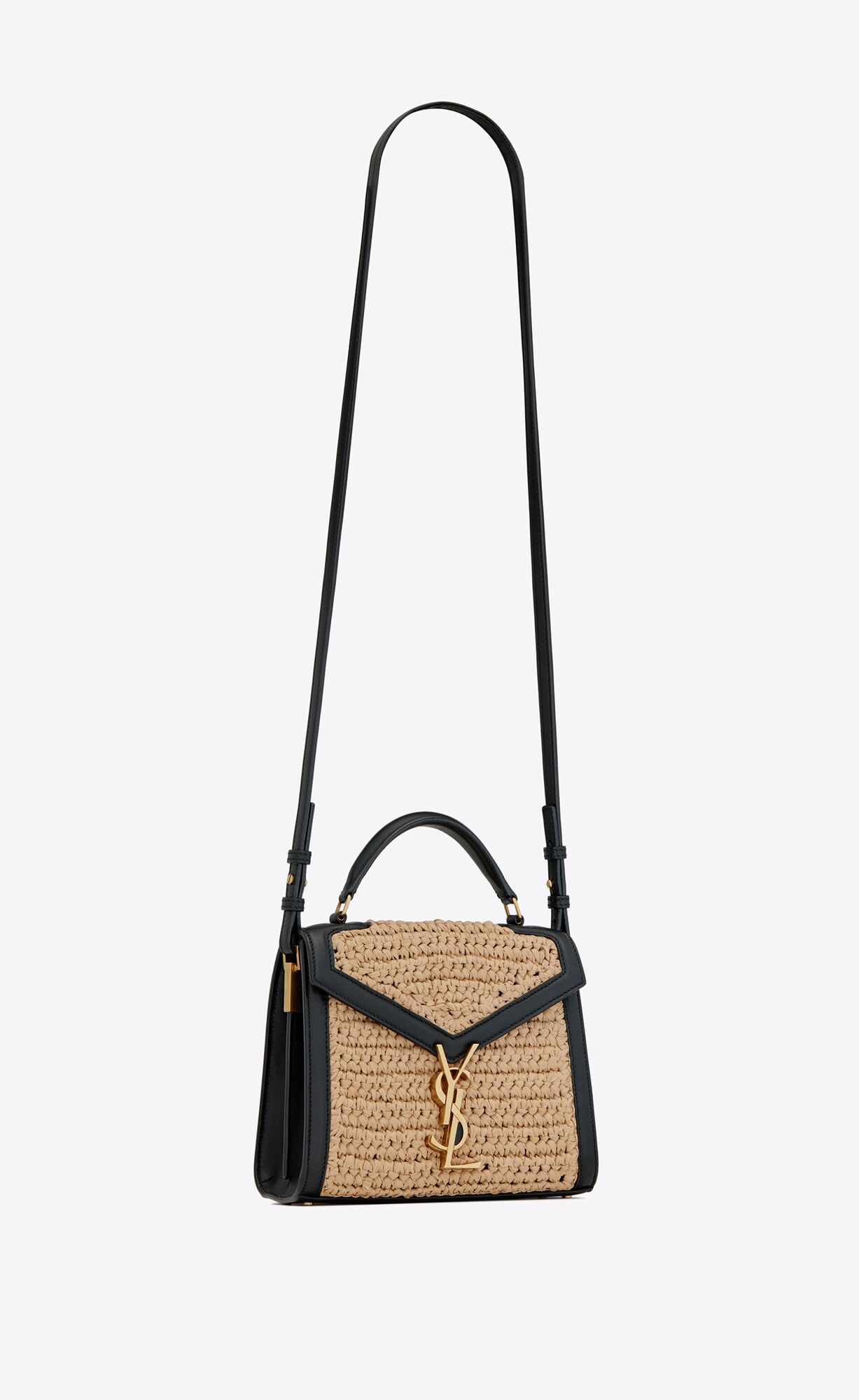 SaintLaurent_라피아와 가죽 소재의 cassandra 미니 탑 핸들 백