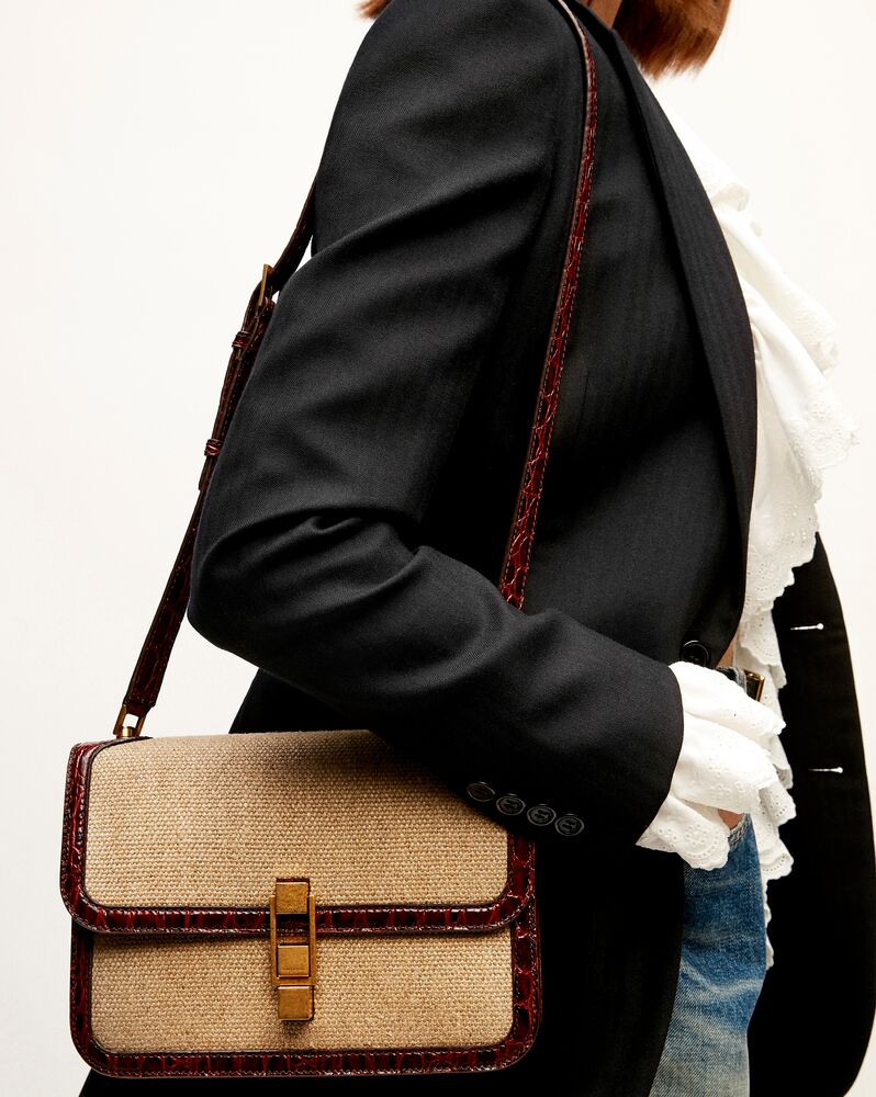 SaintLaurent_리넨 캔버스와 크로커다일 엠보스드 가죽 소재의 까레 사첼백 thumbnail