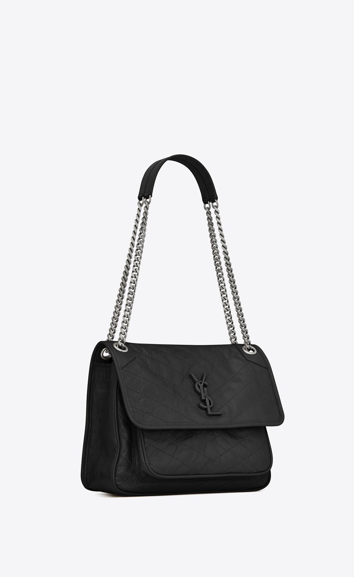 SaintLaurent_블랙 가죽 소재의 크링클드 퀼티드 미디움 니키 체인 백
