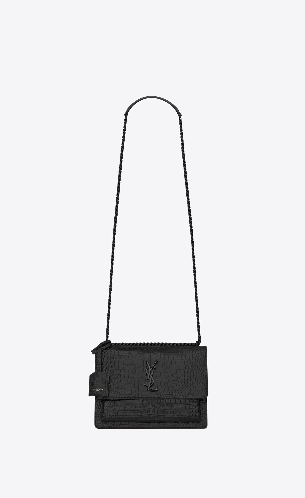 SaintLaurent_블랙 크로커다일 무늬가 양각으로 새겨진 샤이니 가죽 소재의 미디엄 선셋 백