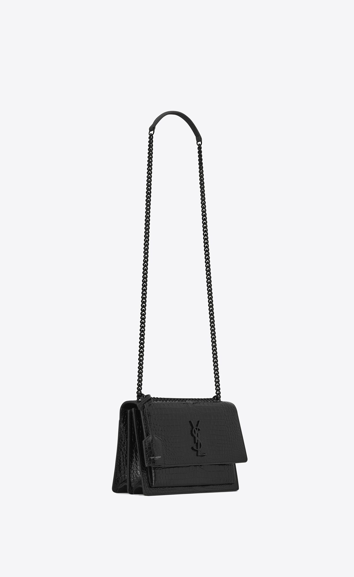 SaintLaurent_블랙 크로커다일 무늬가 양각으로 새겨진 샤이니 가죽 소재의 미디엄 선셋 백 thumbnail