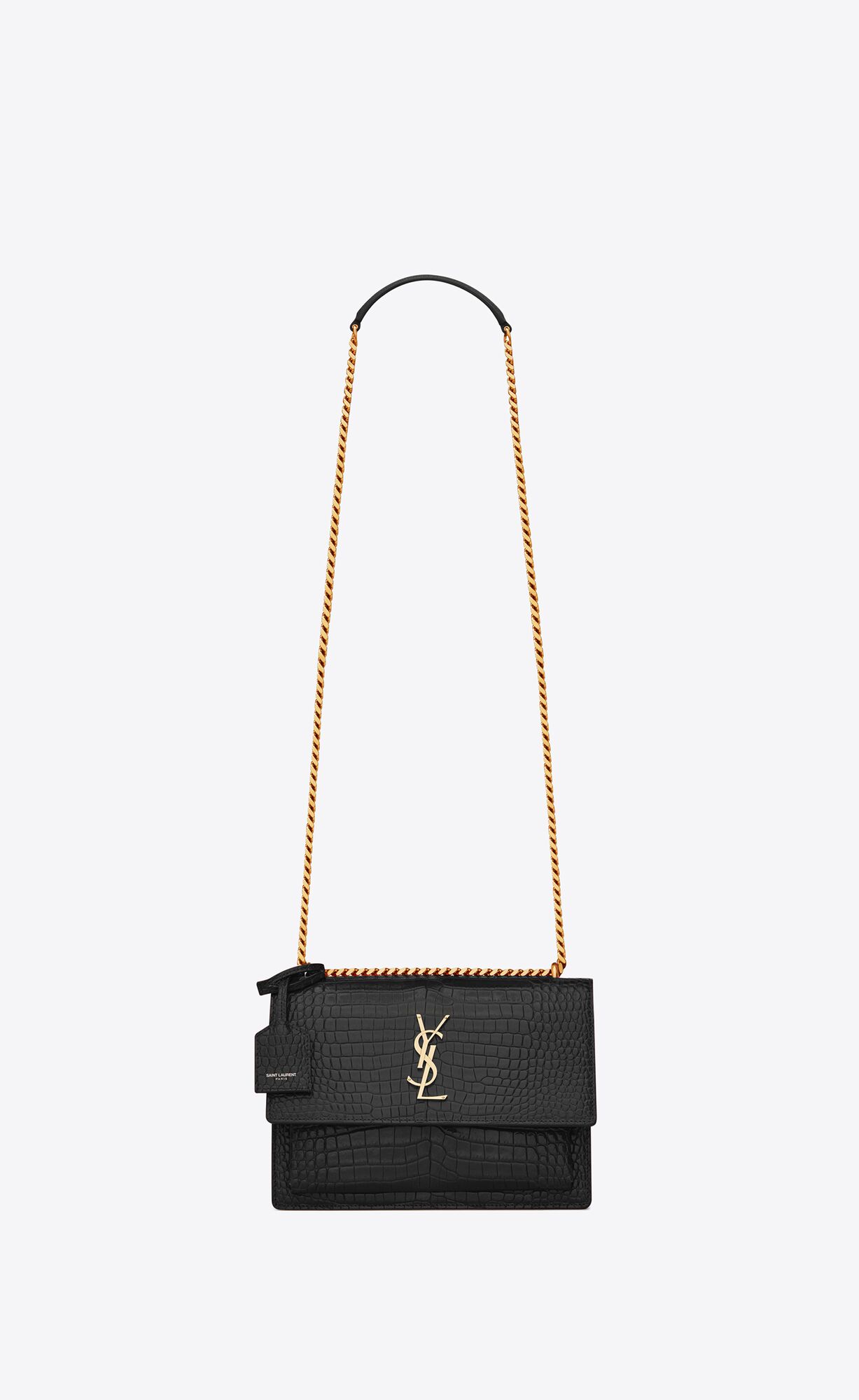 SaintLaurent_블랙 크로커다일 무늬가 양각으로 새겨진 샤이니 가죽 소재의 미디엄 선셋 백