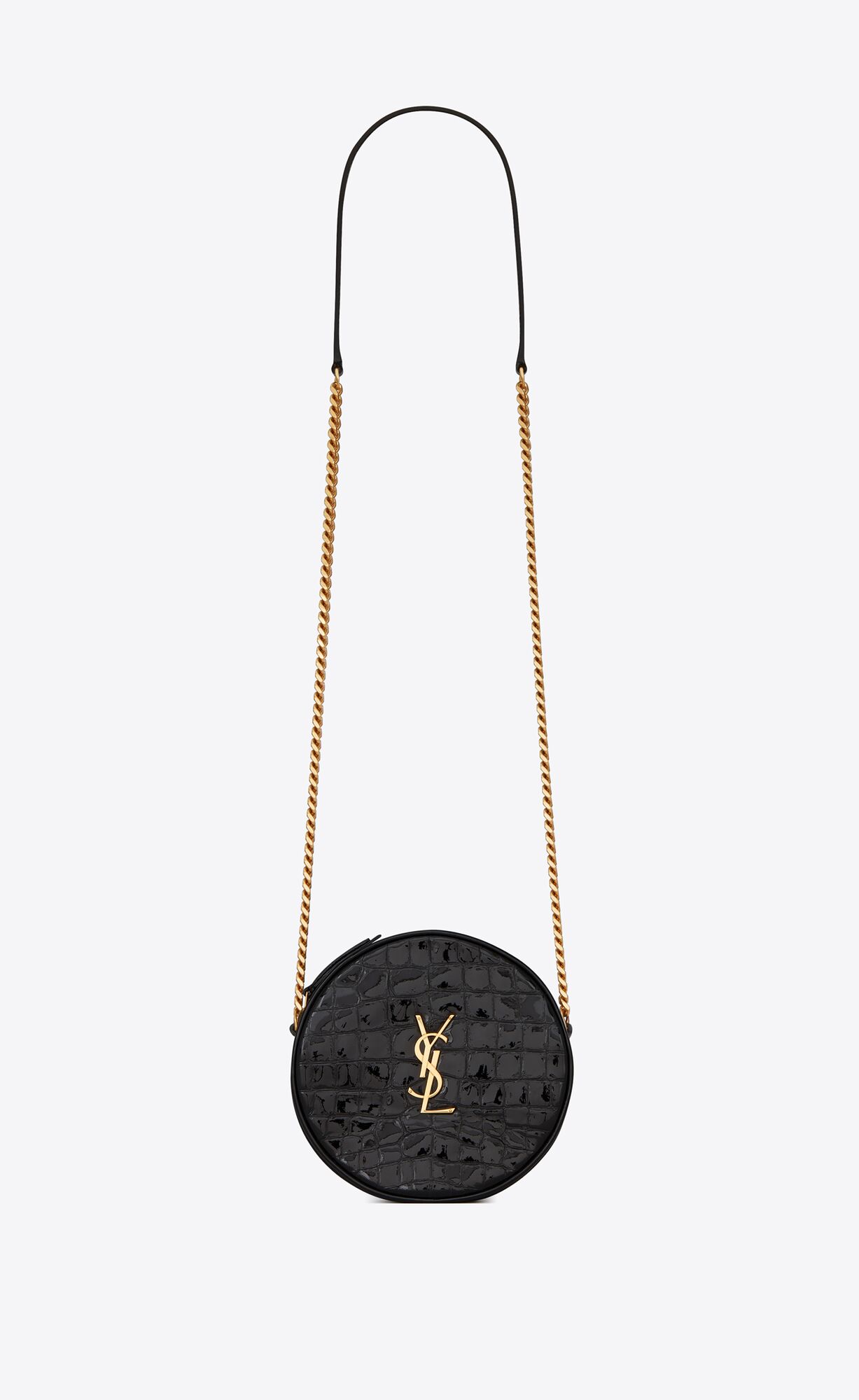SaintLaurent_앨리게이터 엠보스드 페이턴트 가죽 소재의 vinyle 라운드 카메라백