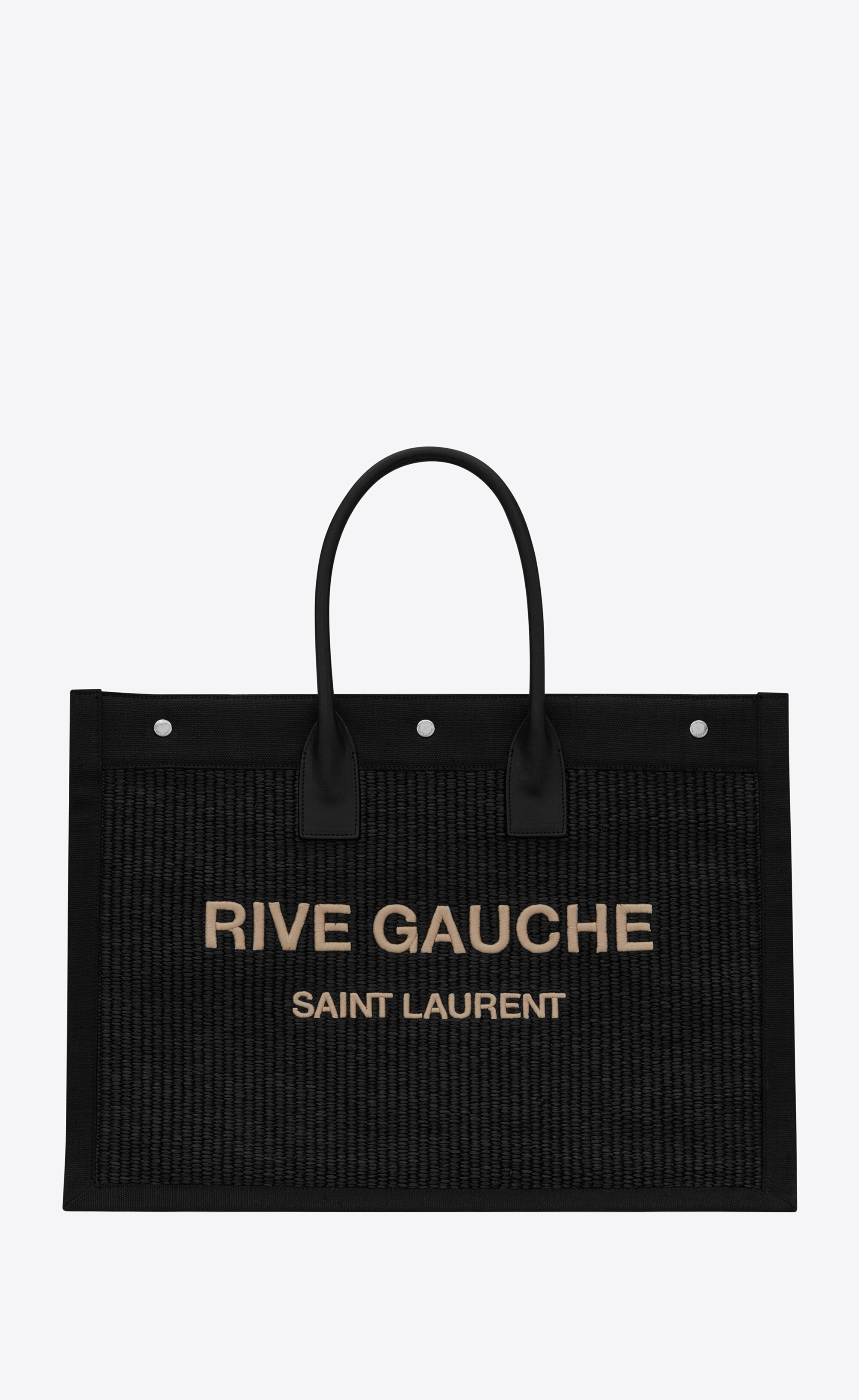 SaintLaurent_자수가 장식된 라피아와 가죽 소재의 rive gauche 라지 토트 백