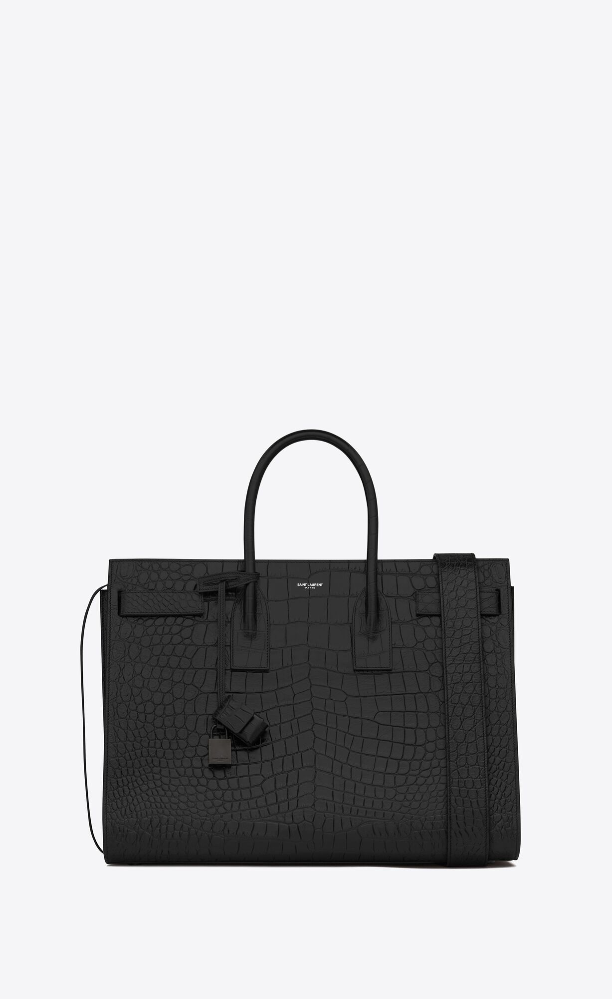 SaintLaurent_크로커다일 무늬가 새겨진 블랙 가죽 소재의 라지 삭 드 주르 캐리 올 백