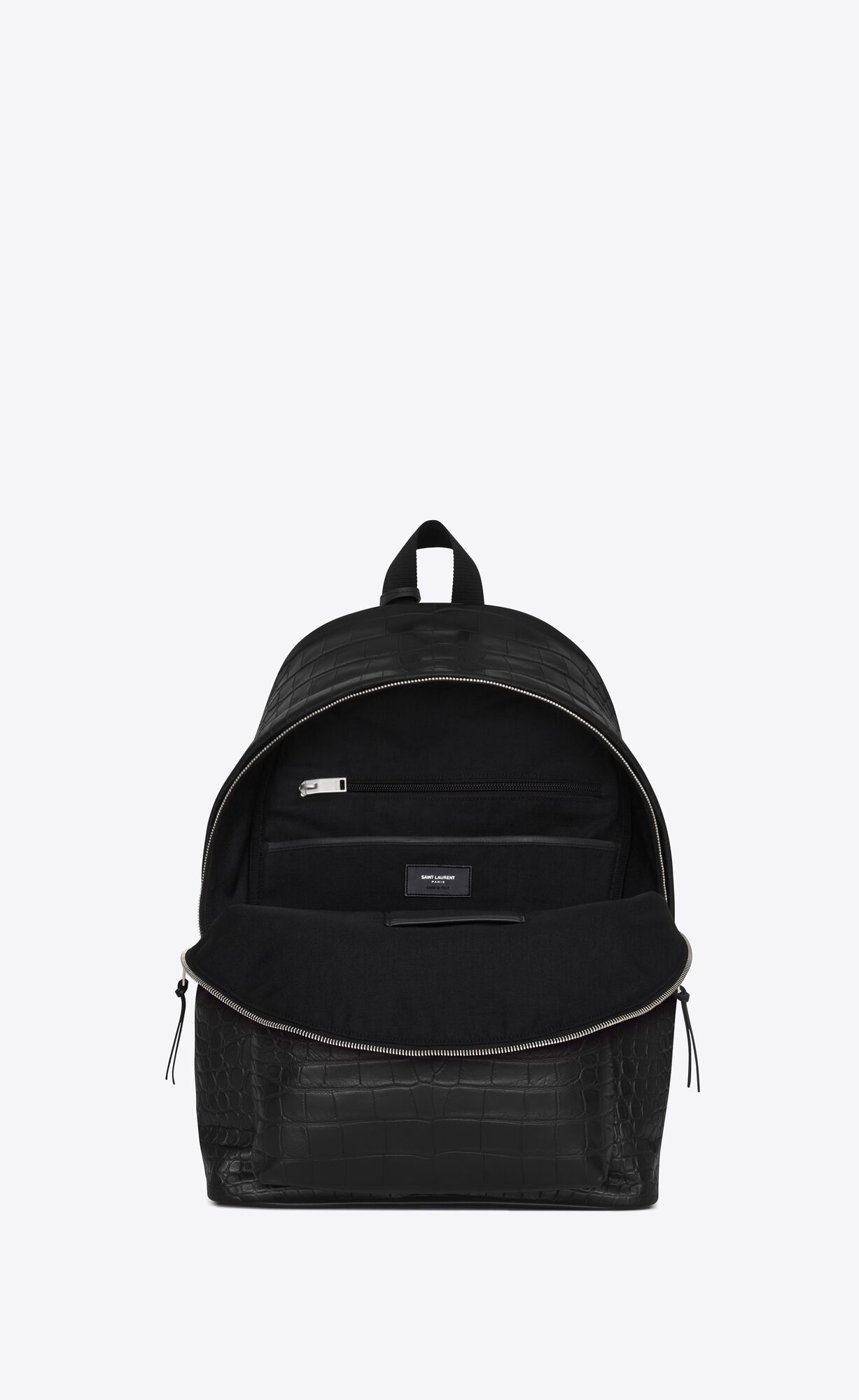 SaintLaurent_크로커다일 무늬가 새겨진 블랙 가죽 소재의 클래식 헌팅 백팩