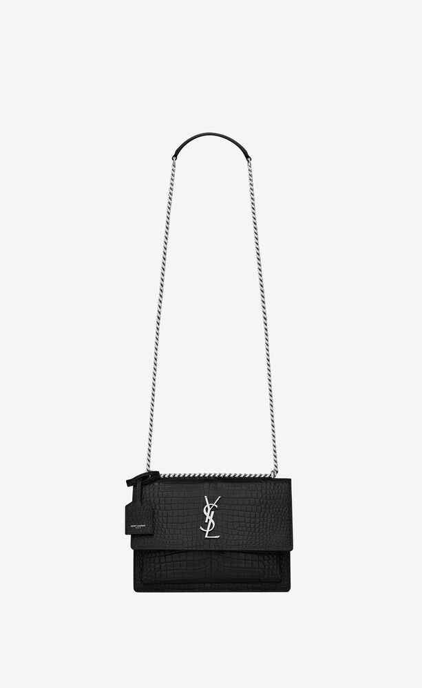 SaintLaurent_크로커다일 무늬가 새겨진 블랙 샤이니 가죽 소재의 미디엄 선셋 모노그램 생 로랑 백