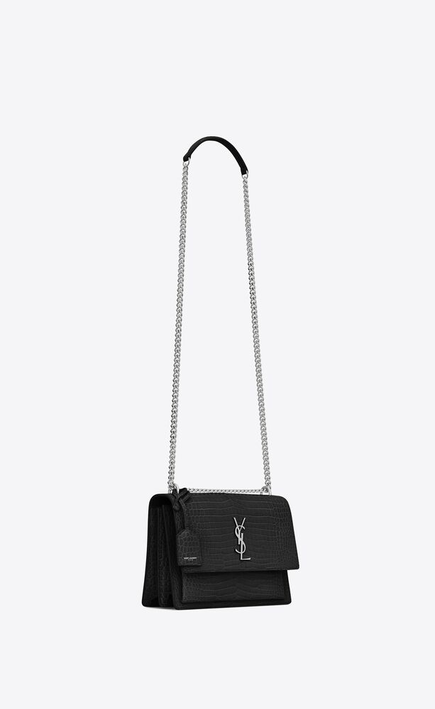 SaintLaurent_크로커다일 무늬가 새겨진 블랙 샤이니 가죽 소재의 미디엄 선셋 모노그램 생 로랑 백