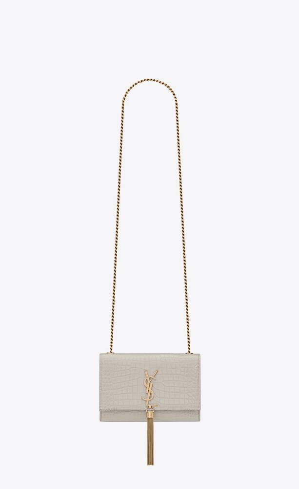 SaintLaurent_크로커다일 무늬가 새겨진 샤이니 블랙 가죽 소재의 스몰 케이트 체인 태슬 백