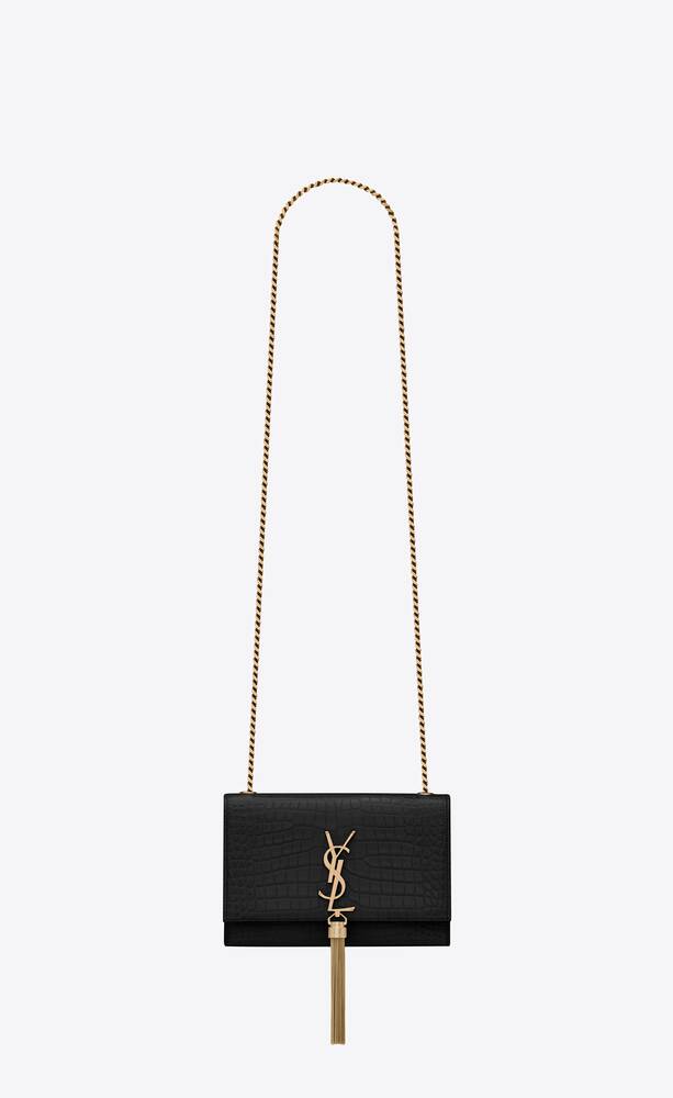 SaintLaurent_크로커다일 무늬가 새겨진 샤이니 블랙 가죽 소재의 케이트 체인 태슬 백