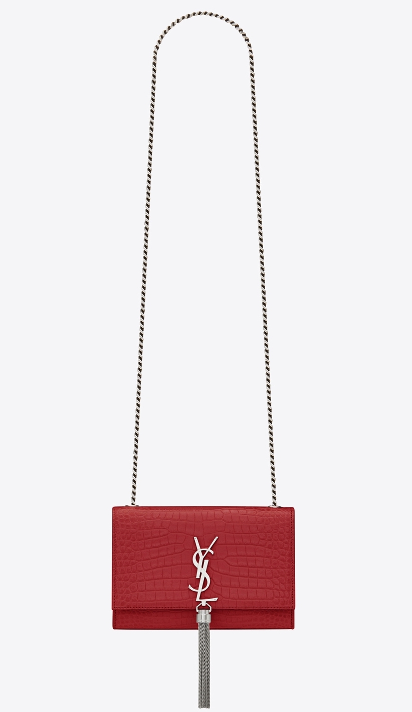 SaintLaurent_크로커다일 무늬가 새겨진 샤이니 페이디드 핑크 가죽 소재의 케이트 체인 태슬 백