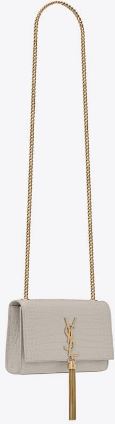 SaintLaurent_크로커다일 무늬가 새겨진 샤이니 페이디드 핑크 가죽 소재의 케이트 체인 태슬 백