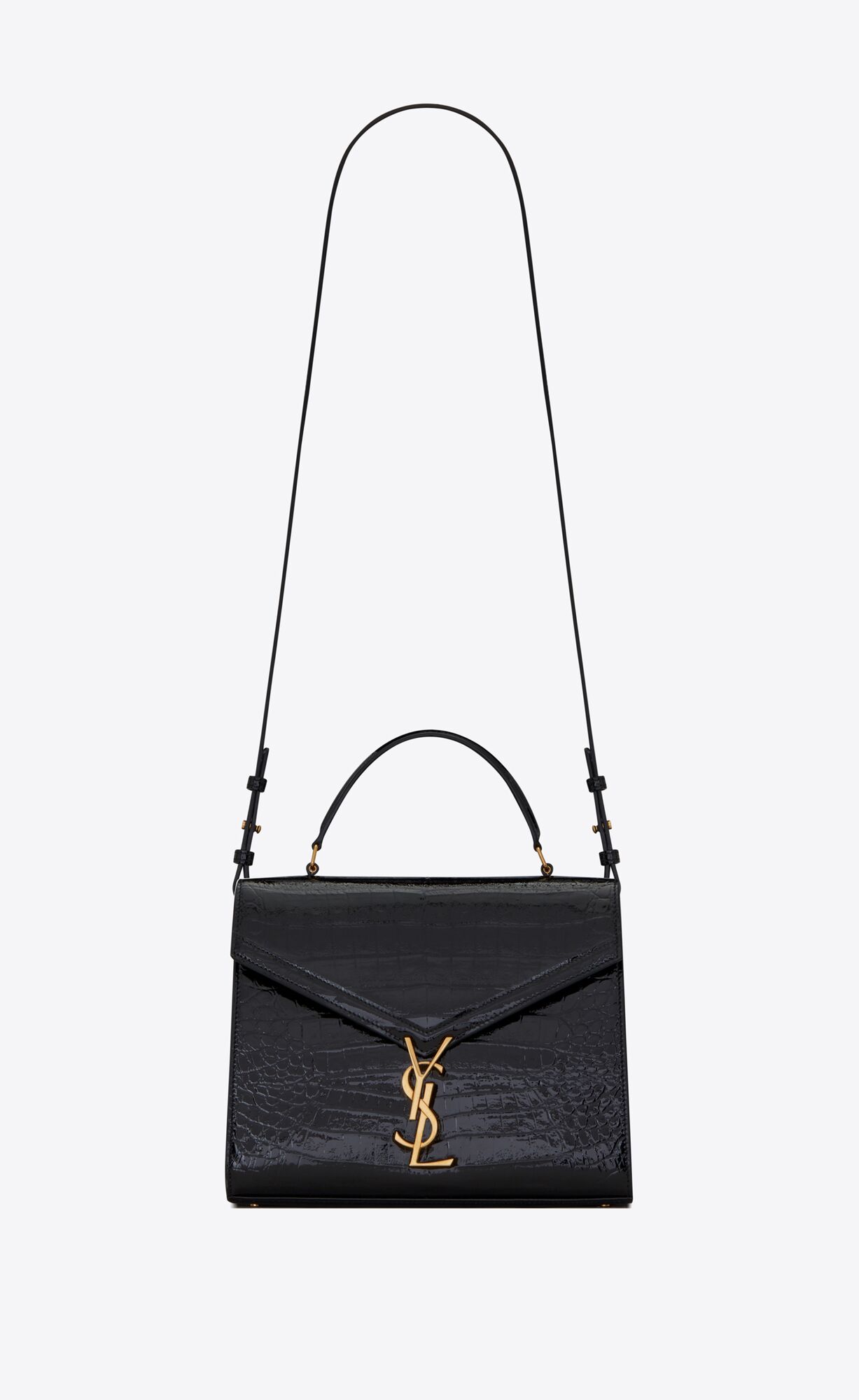SaintLaurent_크로커다일 엠보스드 페이턴트 가죽 소재의 카산드라 미디엄 탑 핸들 백
