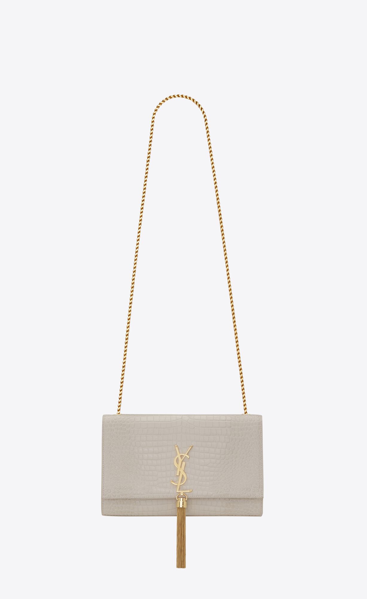 SaintLaurent_테슬을 장식한 크로커다일 엠보스드 샤이니 가죽 소재의 케이트 미디엄백