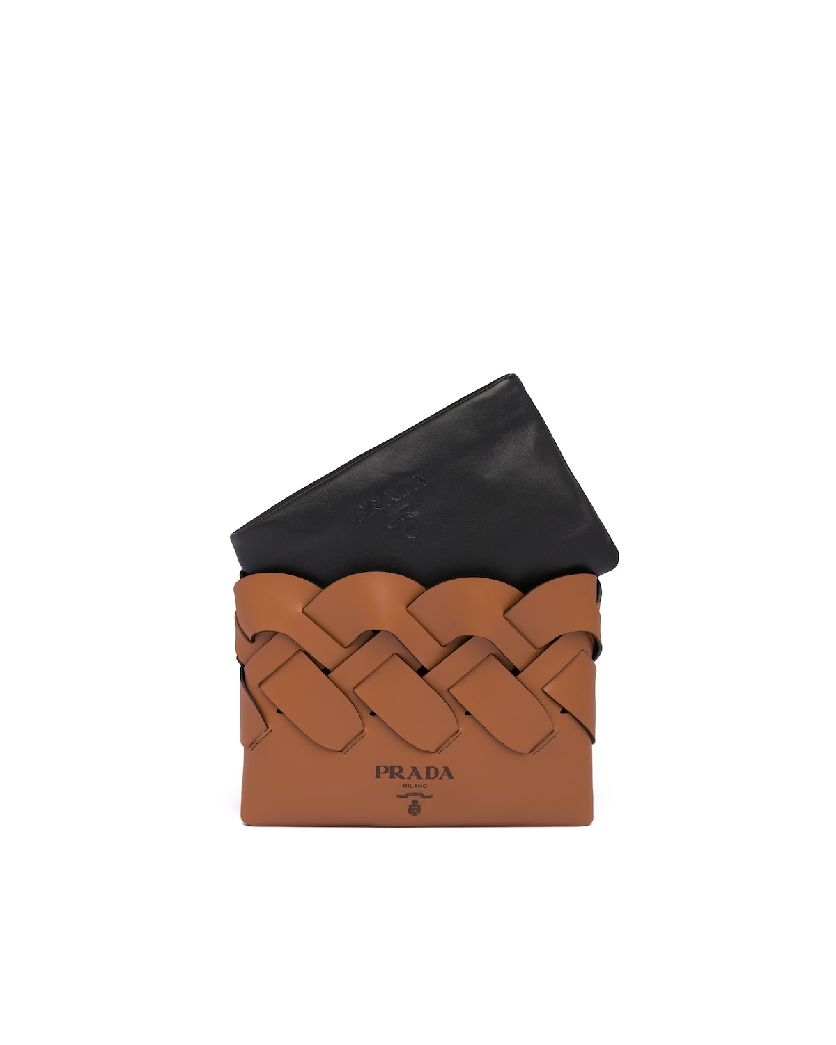 프라다_대형 직조 모티프 가죽 숄더 백 Cognac Black
