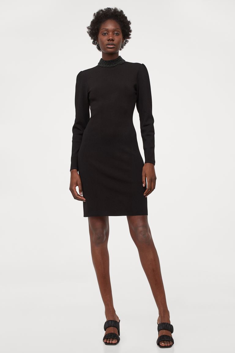 H&M_비즈 디테일 터틀넥 드레스 블랙