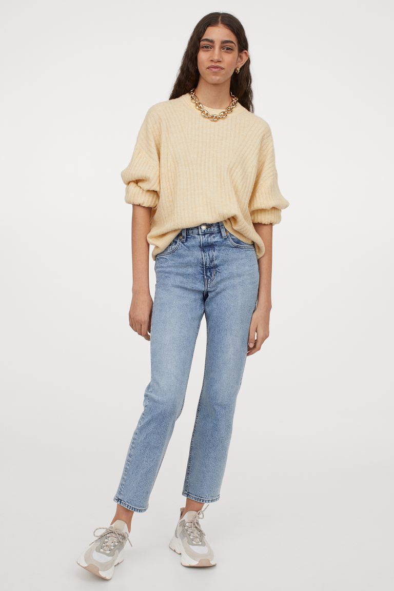 H&M_빈티지 슬림 하이웨이스트 앵클 진 라이트 데님 블루 디스트로이드
