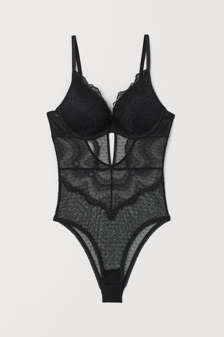 H&M_수퍼 푸쉬업 레이스 바디수트 블랙