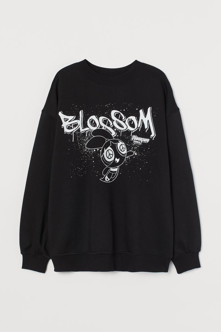 H&M_오버사이즈 프린트 스웨트셔츠 블랙 파워퍼프 걸