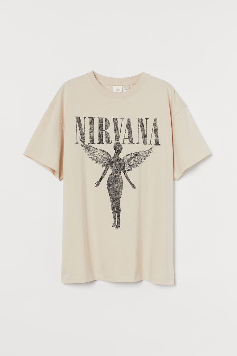 H&M_오버사이즈 프린트 티셔츠 라이트베이지 너바나