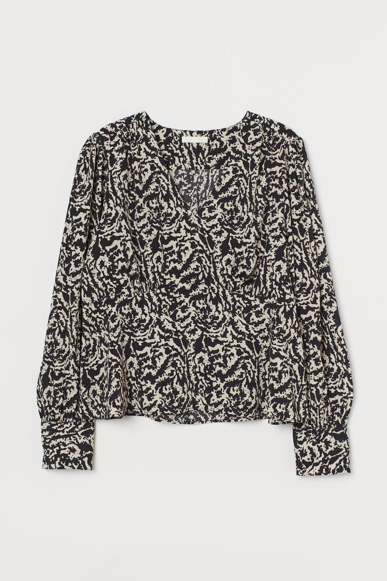 H&M_와이드 블라우스 라이트베이지 블랙패턴