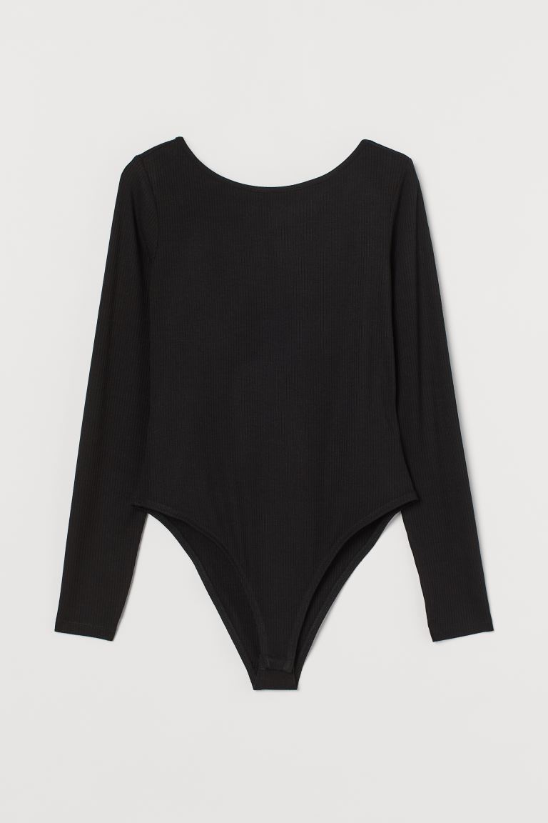 H&M_체인 디테일 리브드 바디수트 블랙