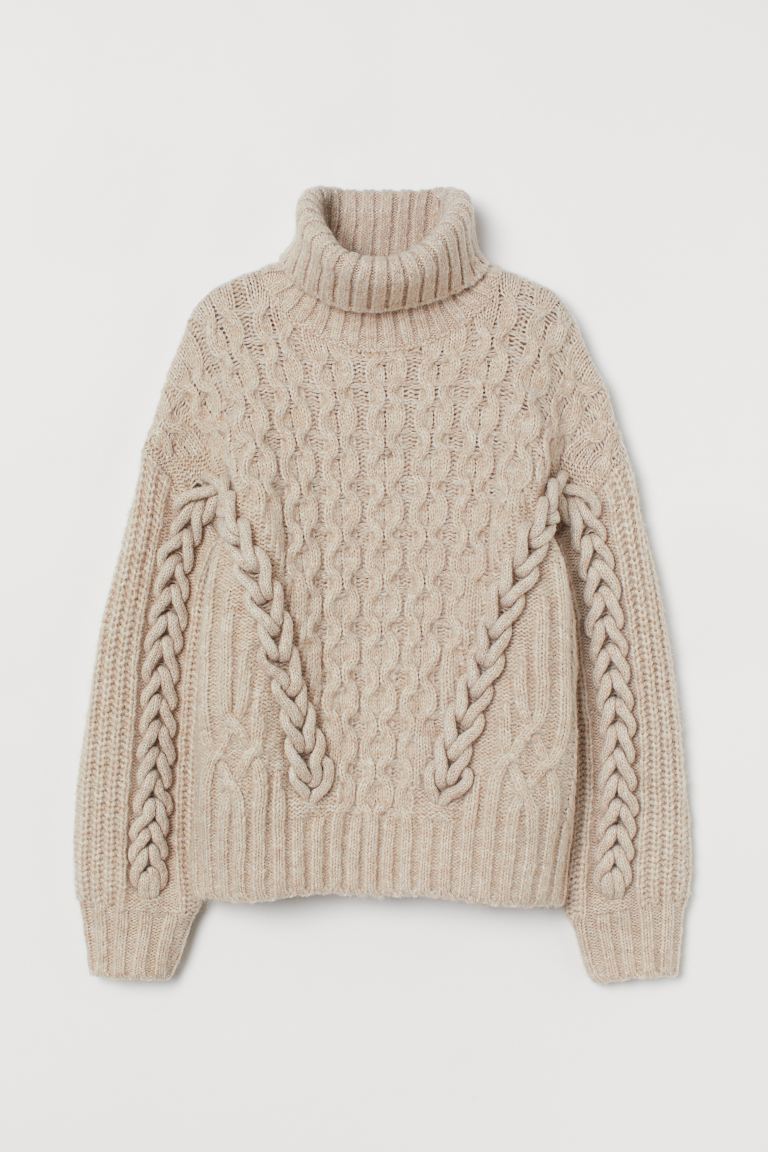 H&M_케이블 니트 터틀넥 스웨터 라이트베이지멜란지