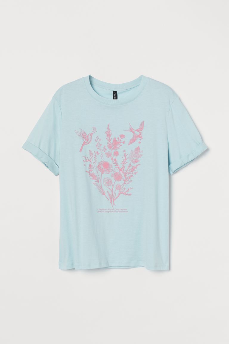 H&M_프린트 티셔츠 라이트 블루 플라워