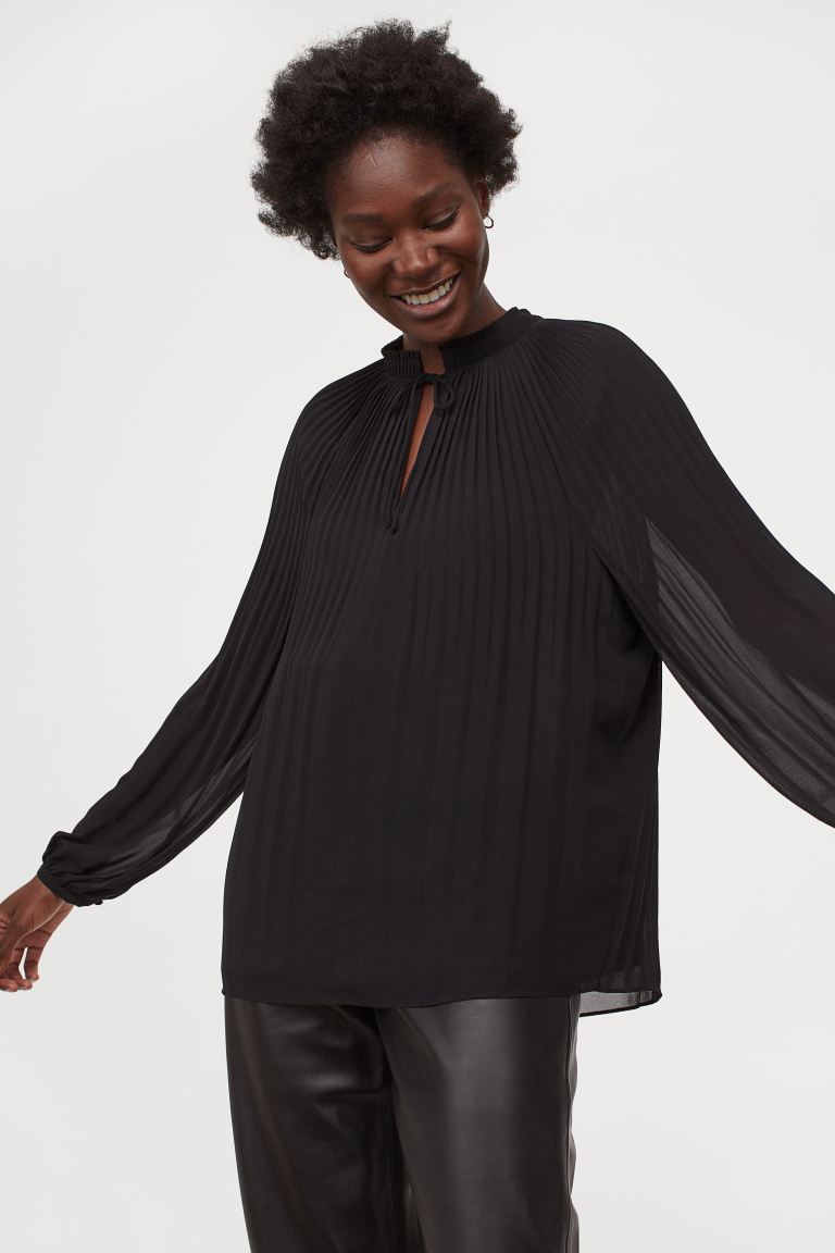 H&M_플리츠 시폰 블라우스 블랙