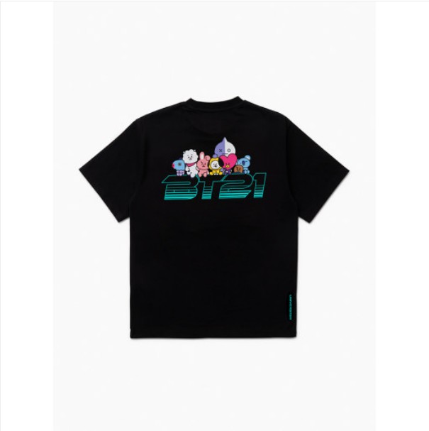 라인프렌즈_BT21 스페이스 와펜 레터링 블랙 반팔 티셔츠