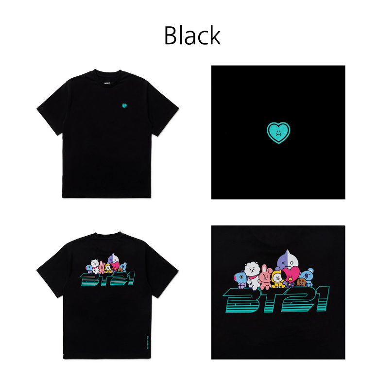 라인프렌즈_BT21 스페이스 와펜 레터링 블랙 반팔 티셔츠