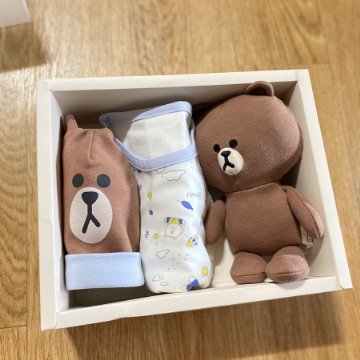 라인프렌즈_브라운 오가닉 베이비 우주복 애착인형 세트
